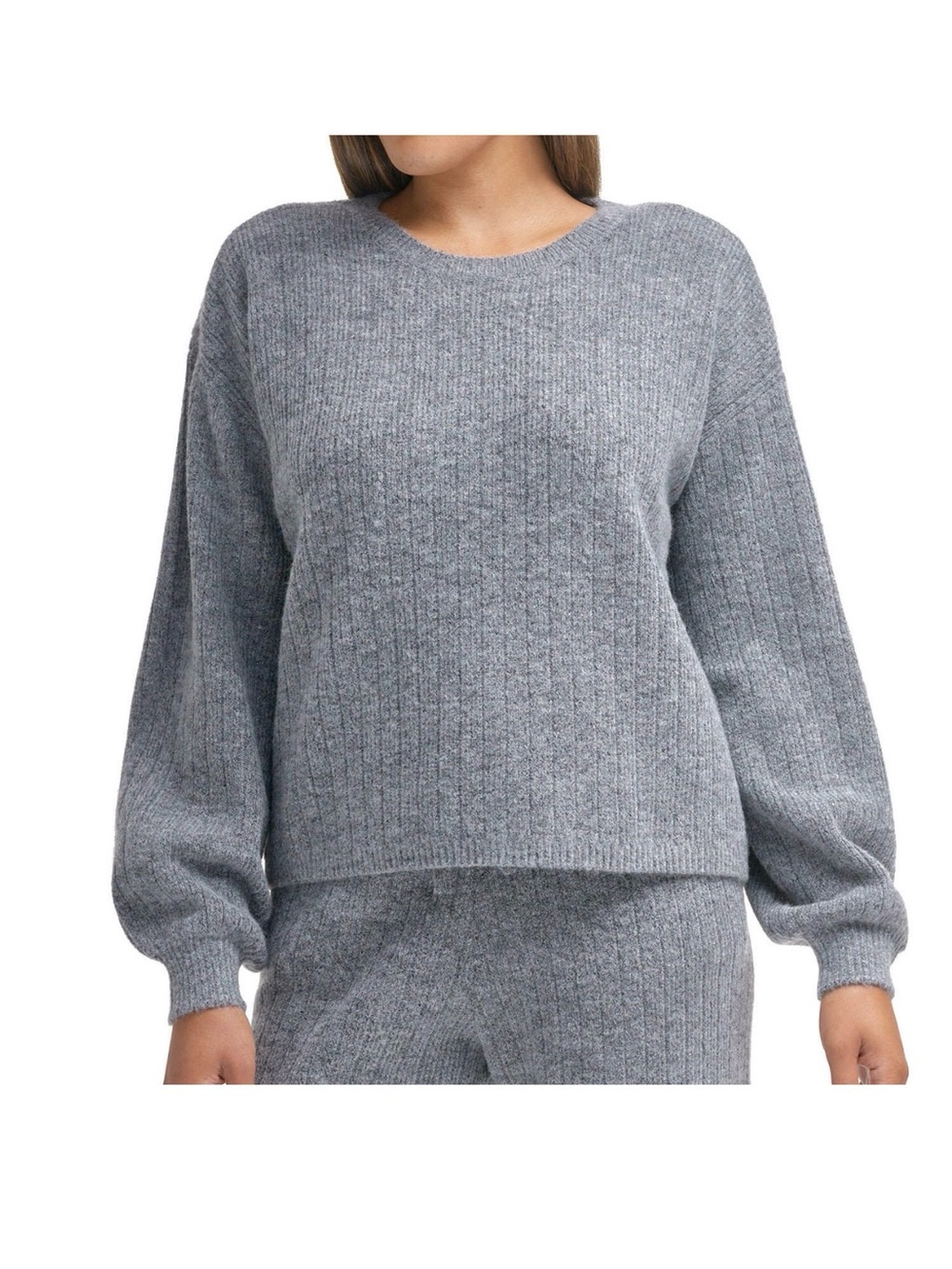 DKNY Gray Ribbed Crewneck Sweater with Balloon Sleeves